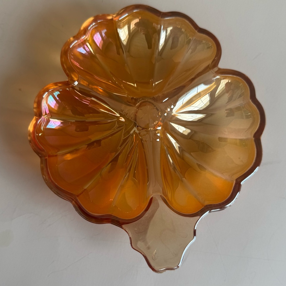 Vintage Jeannette Carnival Glass Clover Shaped 3 Section Candy Dish with Handle